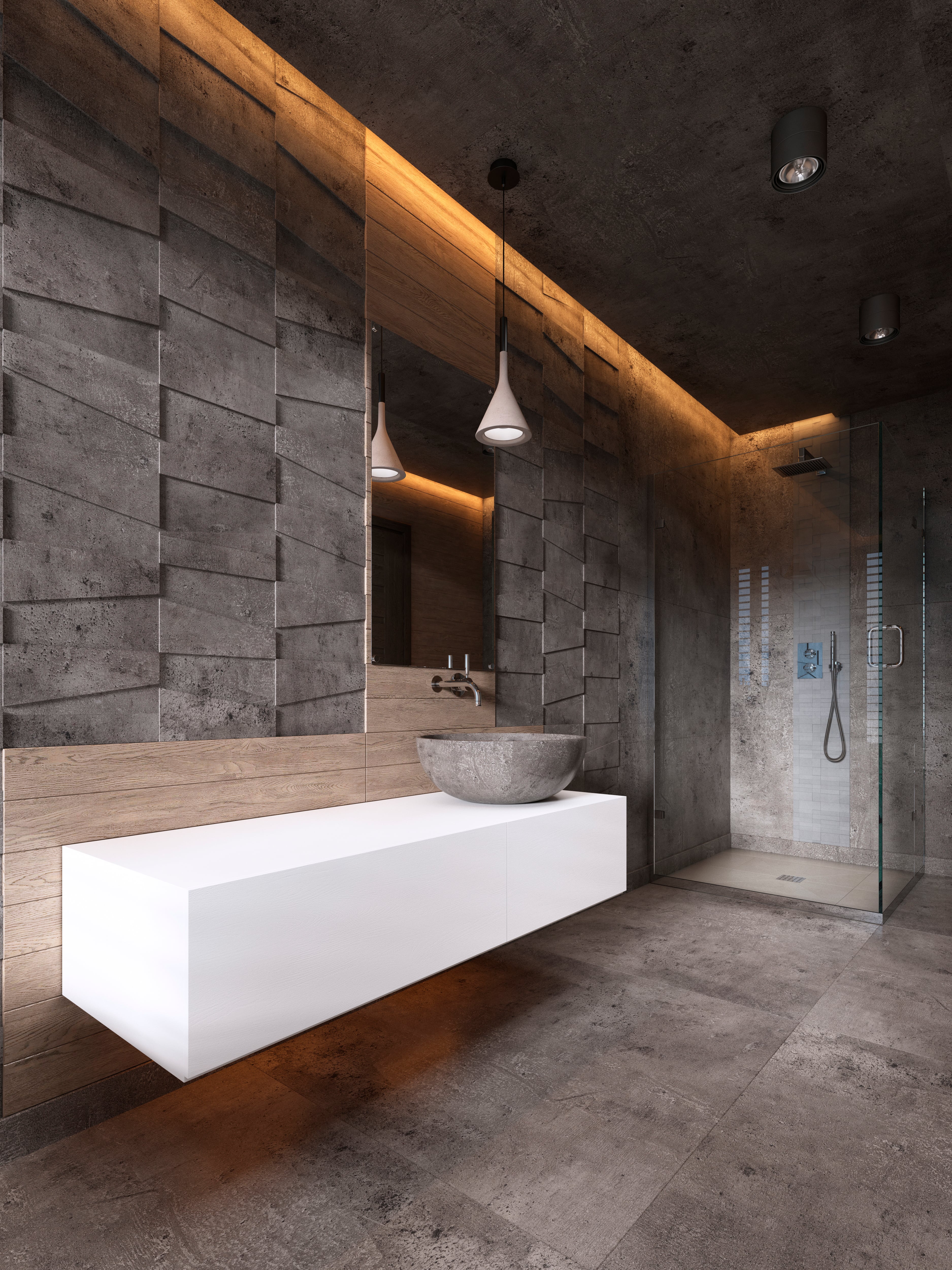 Baño contemporáneo con texturas de concreto y madera